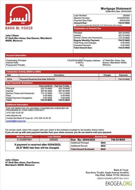 Modèle Word et PDF de relevé hypothécaire de la Banque Al Yousr du Maroc